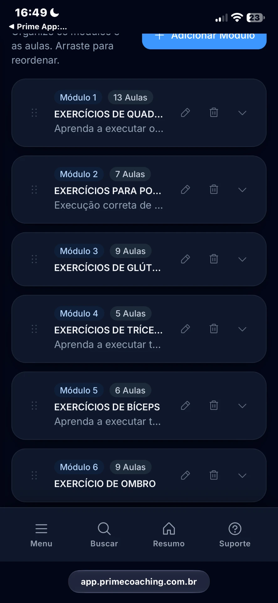 Módulos de exercícios por grupo muscular no aplicativo Treino Certo